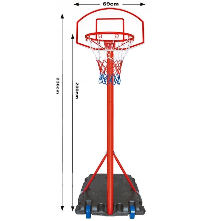 Комплект баскетболен кош Real Action, Регулируема височина 200-236 см, Размери на основа 69 x 49 см