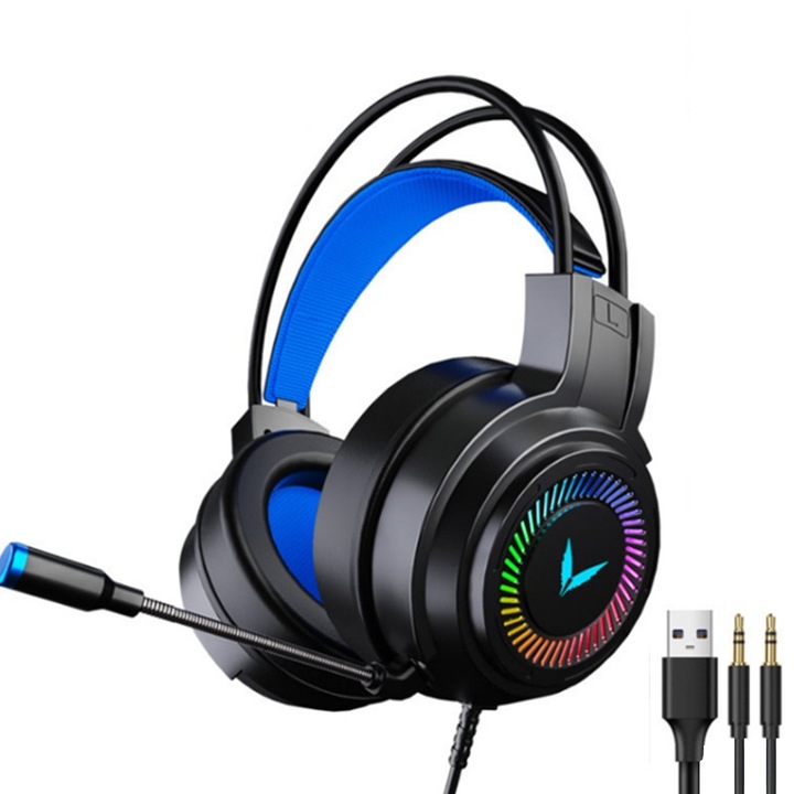 Profi gamer fejhallgató, KINSI, vezetékes, USB, mikrofonnal, LED fénnyel, fekete