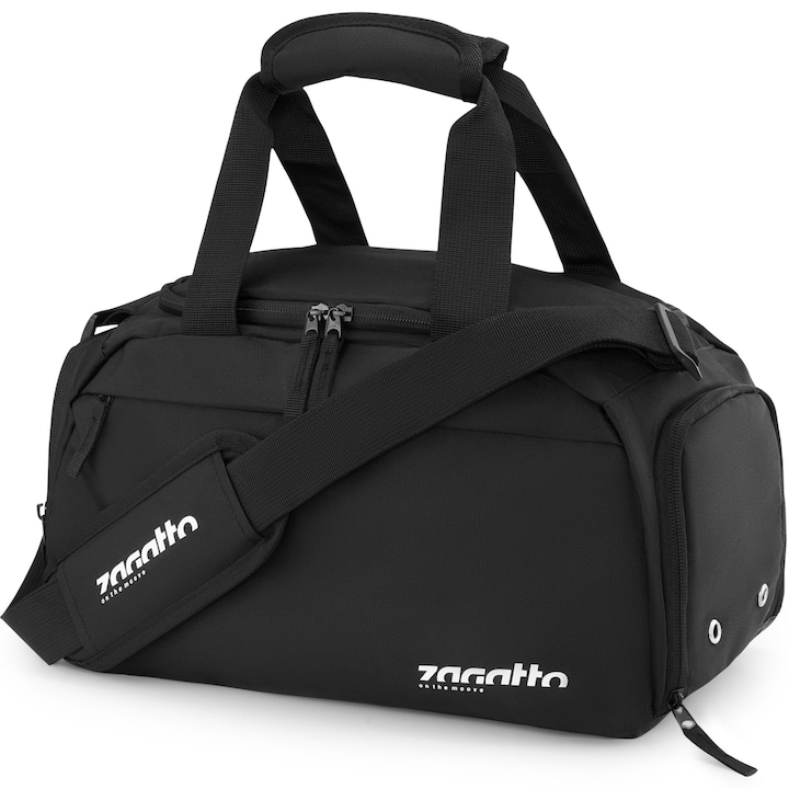 Geanta sport, fitness, Zagatto FIT AIR, Neagra, Impermeabila, Buzunar lateral pentru incaltaminete, 16L, Dimensiuni 40x20x25 cm, Fermoar dublu, Multifunctionala, O poti folosi ca si geanta sala, genata fitness sau geanta caltorie, ZG782