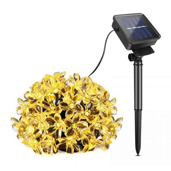 Instalatie Lumini de gradina cu incarcare solara, 50 de leduri, flori de cires, alb cald