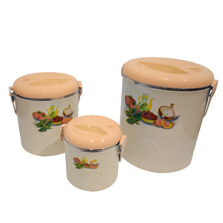 Caserola termica, set 3 piese, cu interior din inox, Naimeed D4806, Crem