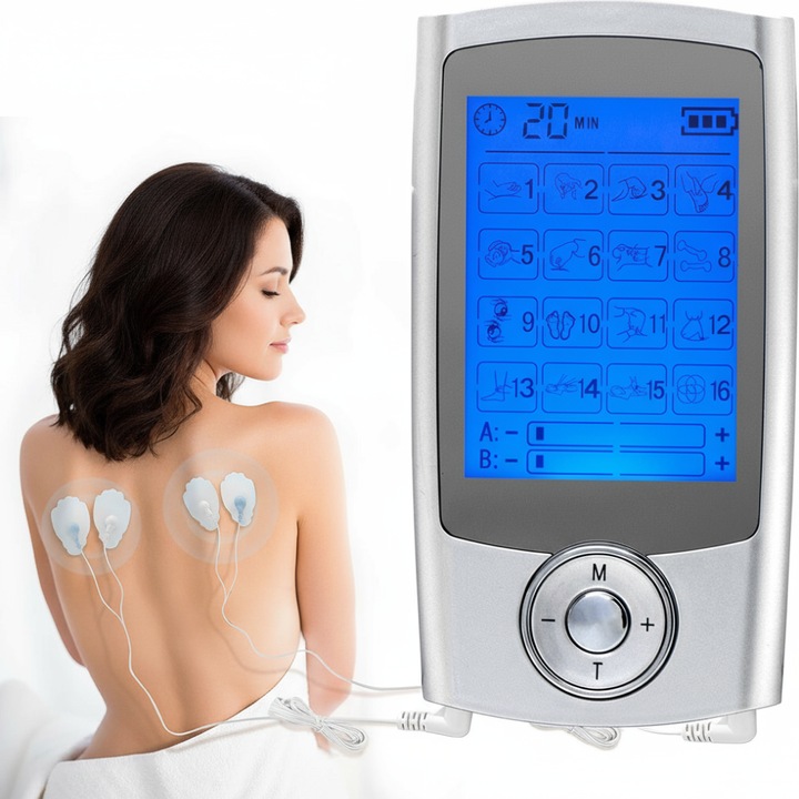 Aparat de Masaj cu Electrostimulare SeveShop, Stimulator Dual Channel, 16 Moduri, 20 Niveluri de Intensitate, 6 Electrozi, 16 Programe de Masaj pentru Ameliorarea Durerii si Relaxare Musculara, Display Digital, Ideal pentru Diverse Zone ale Corpului, Alb