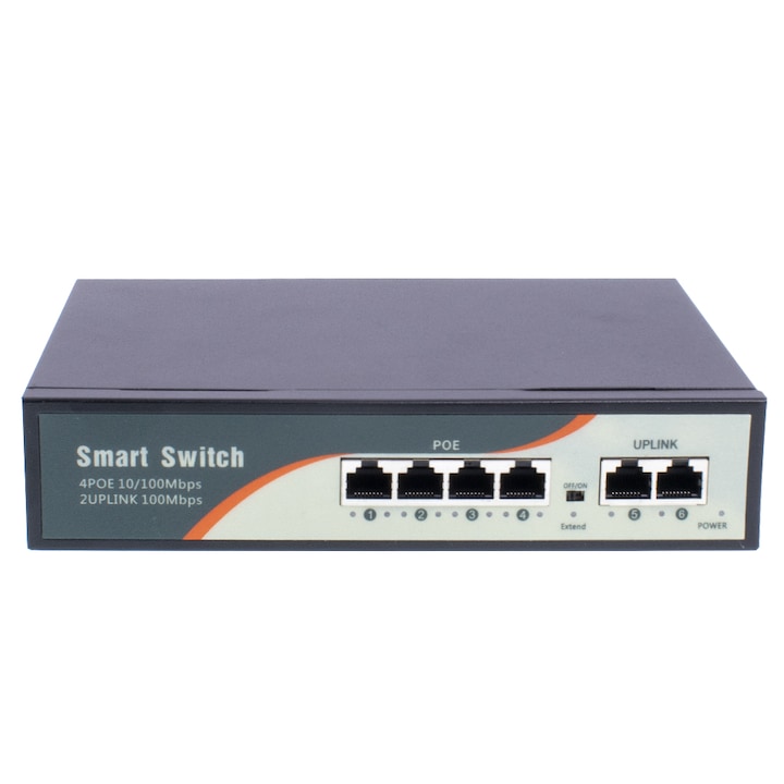 6 portos PoE switch ; 4 PoE 10/100 Mbps+ / 2 uplink port 100 Mbps; 48V, Max. 250m