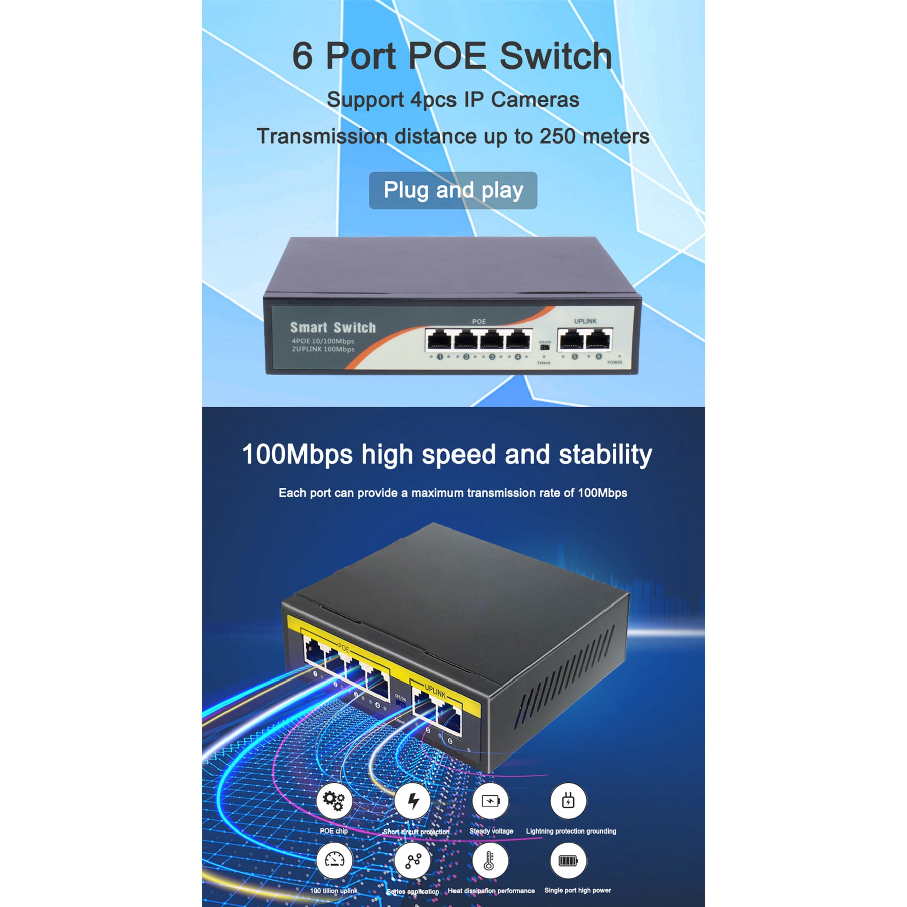 6-портов PoE комутатор; 4 PoE 10/100 Mbps+ / 2 порта за връзка нагоре ...