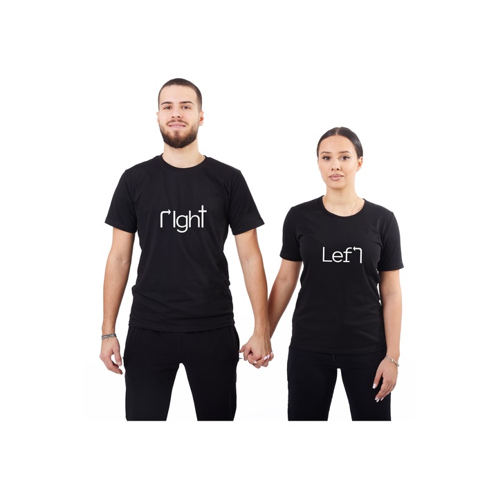 Set 2 Tricouri pentru cuplu personalizat cu mesaj text mare Left & Right, Bumbac, Negru, S