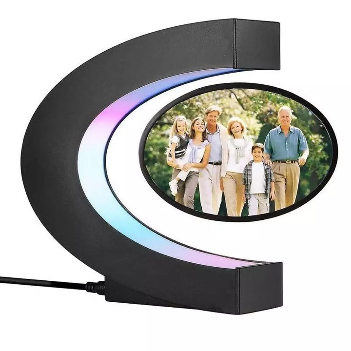 Glob Magnetic Cu Rama Foto SIKS Ce Leviteaza, Cu Iluminare LED si Suport In Forma De C, Suport Fotografie Cu Lumina De Noapte, Semiluna, 12 x 8.5 cm, Negru