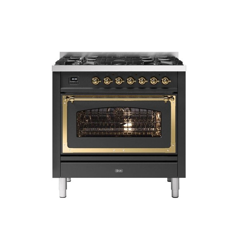 Aragaz pe gaz premium ILVE, Nostalgie, 90 cm, clasa A+, 4 arzatoare, 1 arzator Fish Pot, cuptor electric 97 litri, design vintage, timer, usa cuptor cu 3 straturi de sticla, gatire ECO, dezghetare, 15 functii de gatire multiple, gri mat/auriu