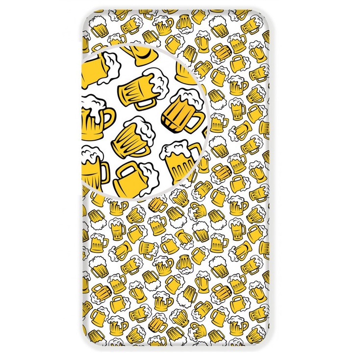 Cearceaf de pat Jerry Fabrics 90x200cm, bumbac, design cu kufle de bere, certificat OEKO-TEX