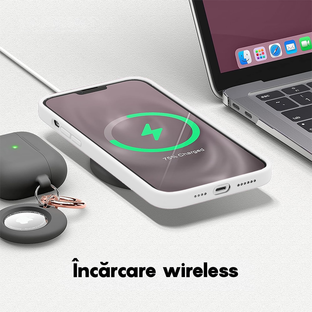 Husa CASEY STUDIOS™ compatibila cu iPhone 13 Mini, Soft Silicone Premium, Microfibra in Interior, Alb, de Protectie, Ultra Slim, pentru Incarcare Wireless, Margini Ridicate de Protectia Ecranului si a Camerelor