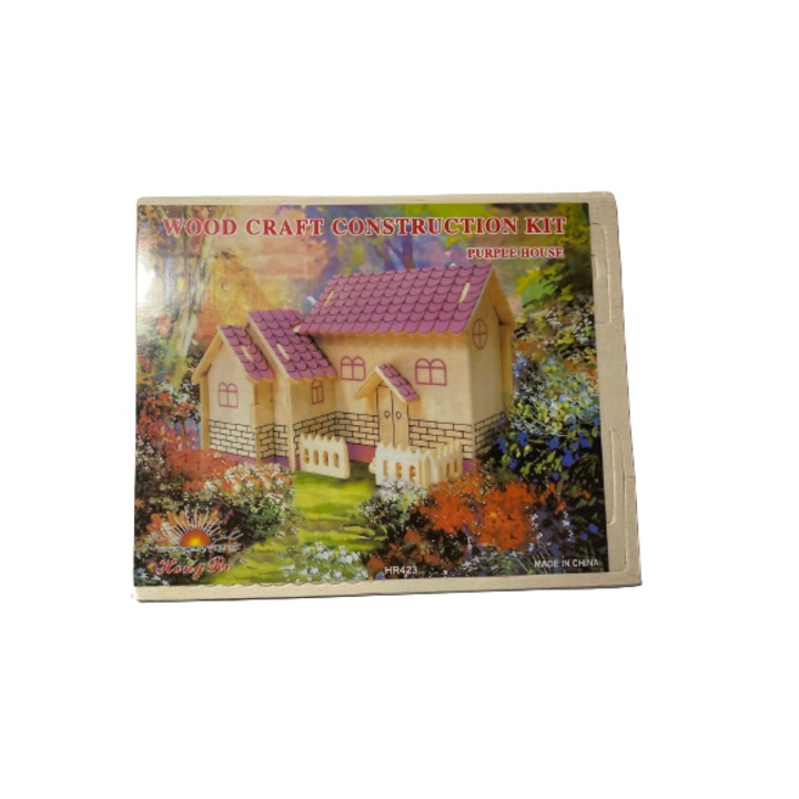 Puzzle ház kerítéssel, Fa kézműves építőkészlet Lila ház, fa, 23 x 18 cm, 29 darab