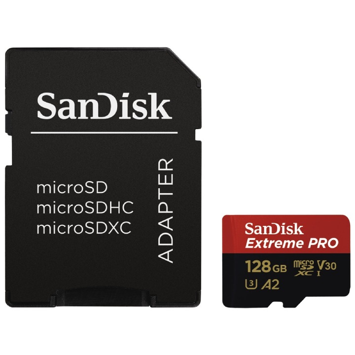 Sandisk MicroSD EXT pro Memóriakártya, 128GB, 200/90 MB/s, A2 C10 V30 UHS-I U3