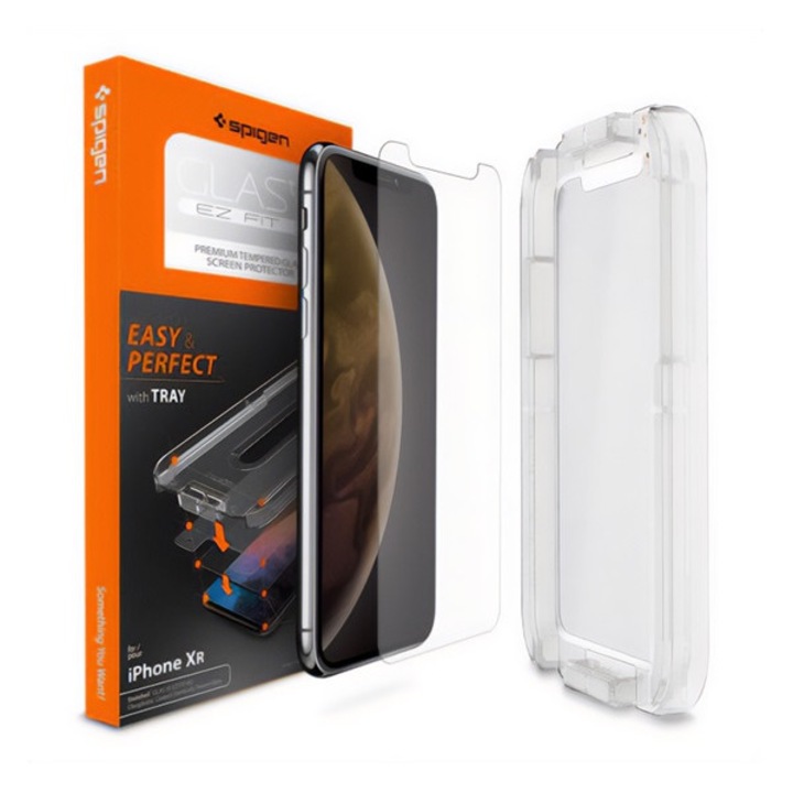 Spigen ez fit képernyővédő üveg, 2.5d, tokbarát, ultravékony, 0.2mm, 9h + segédkeret, átlátszó, kompatibilis: Apple iPhone 11 / iPhone XR 6.1