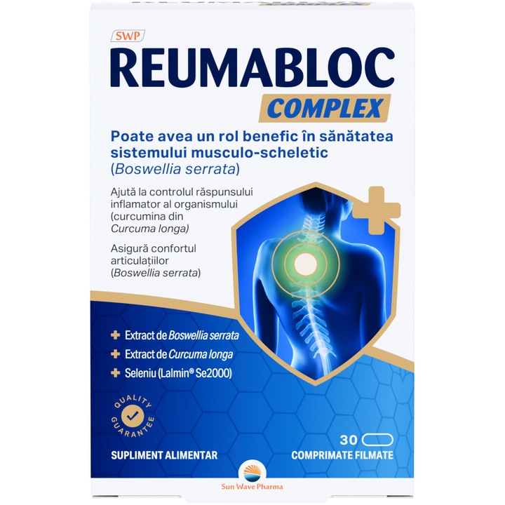 Reumabloc Complex, Sun Wave Pharma, Boswellia pentru confortul articulatiilor si redarea mobilitatii, curcuma, seleniu, piperina, 30 comprimate