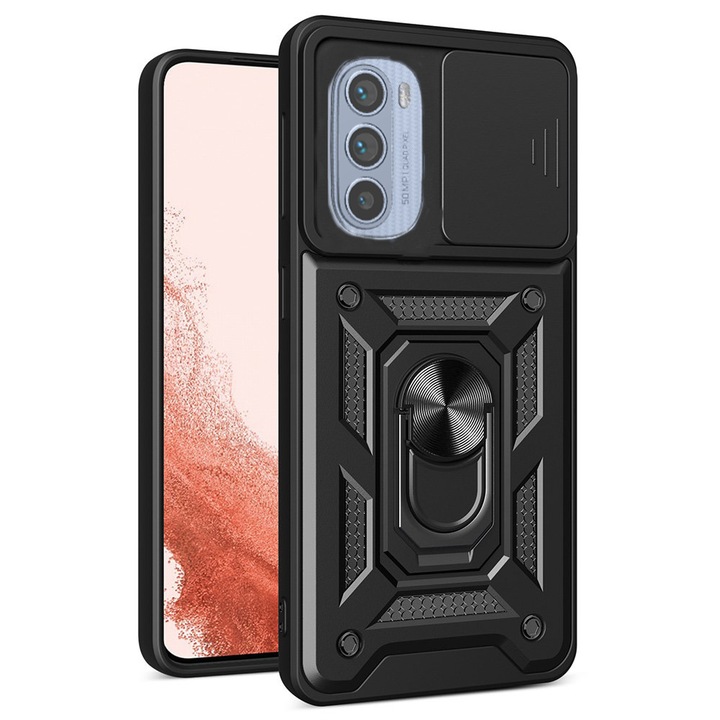 Husa Cam Shield Magnet Stand G-Tech, compatibila cu Motorola Moto G62 5G, Antisoc Defender, Magnet suport auto incorporat, Functie stand, Policarbonat, Negru