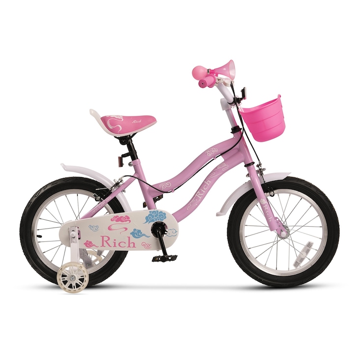 Rich Baby Lány MTB kerékpár, segédkerekekkel, C-fék, rózsaszín/fehér, Super Genius kerékpár 12 hüvelykes kerekekkel 2-4 éves korig