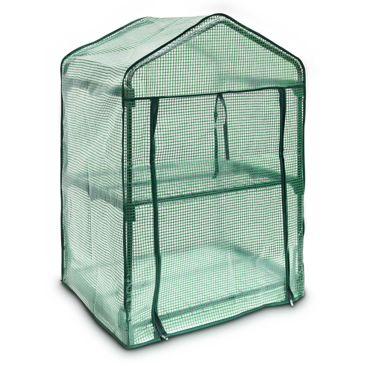 Sera cu 2 rafturi, dimensiuni 70 x 50 cm x 90cm, PE, transparent/verde, Relaxdays