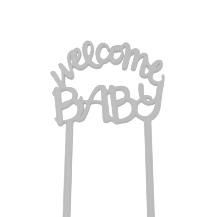 Decoratiune topper tort "Welcome baby", Bun venit bebe, Petrecere aniversara, 7 x 9,5 cm, Argintiu