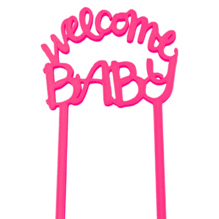 Decoratiune topper tort "Welcome baby", Bun venit bebe, Petrecere aniversara, 7 x 9,5 cm, Roz zmeuriu