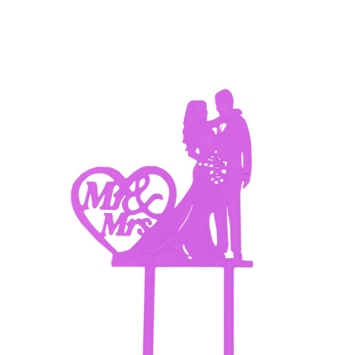 Decoratiune topper tort "Mr and Mrs, Mire si mireasa", indragostiti, tortul miresei 19 x 11 cm, Mov deschis