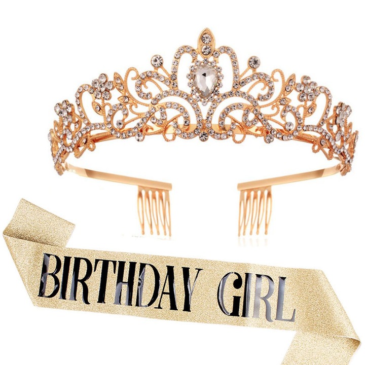 Set 2 accesorii petrecere Birthday Queen, VIENOD, coroana/curea de umar, galben