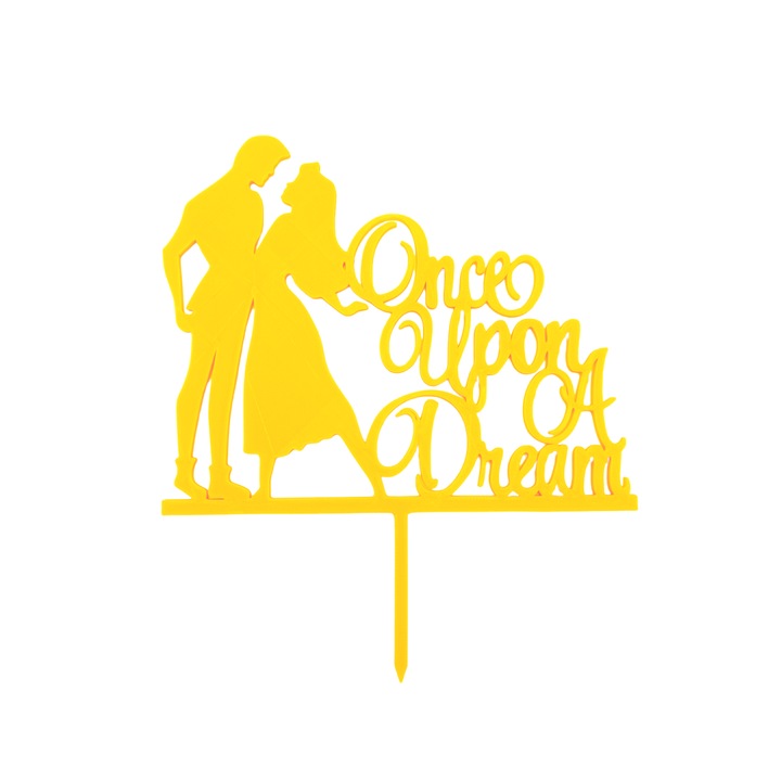 Decoratiune topper tort nunta, Once upon a dream, galben 19 x 16 cm