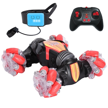 Masina jucarie cu telecomanda pentru copii, Darklove, Sensibila la gesturi, 4WD controlabila, 2.4GHz Radio Controlled, Rotire 360 grade, Lumini si sunete interactive, Pentru cascadorii, drift si off-road, Rosu