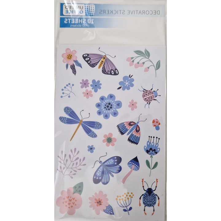 Plansa cu 30 stickere decorative Flowers and Butterflies, Multicolor