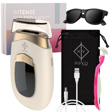 Epilator IPL Suvo™️, Display LCD, 6 trepte, Epilare Definitiva si Intinerire Piele, Mod Automat si Manual, Facial Epilator cu 990.000 pulsatii, Adaptor, Saculet Transport, Aparat de Ras cu 4 Lame si Ochelari Protectie incluse