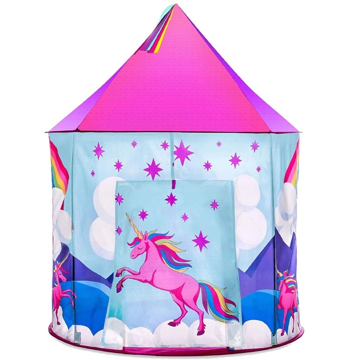 Castel de joaca tip cort pop-up SOLTOY® Princess Unicorn pentru copii cu montare rapida, 130 x 100 cm, Roz