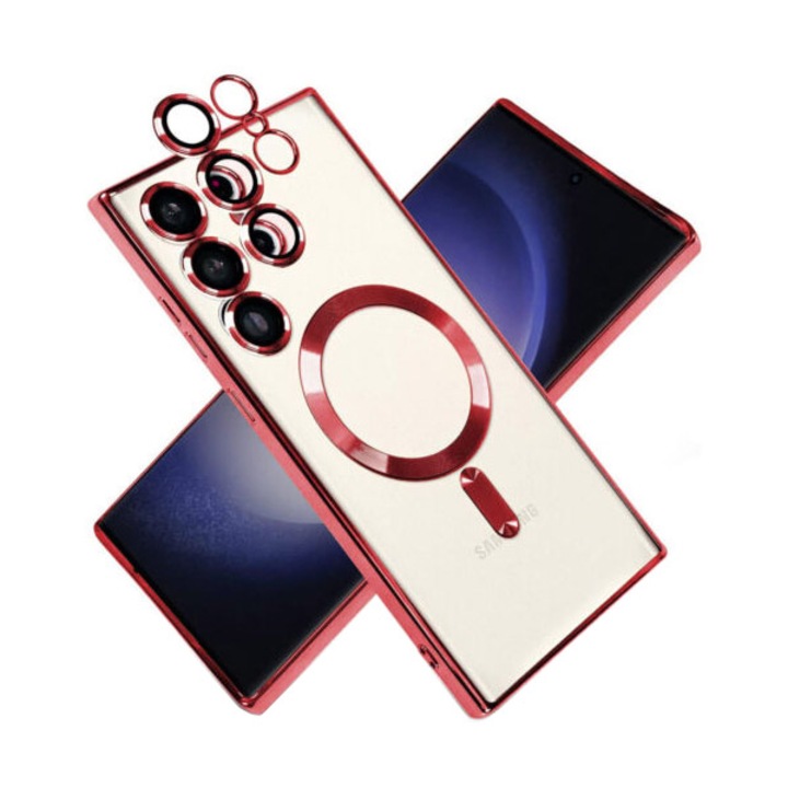 Husa Magsafe compatibila cu Samsung Galaxy S23 Plus, Transparent cu margini rosi, cu protectie la camere, Atlas