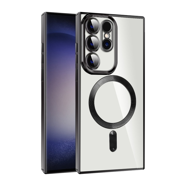 Husa Magsafe compatibila cu Samsung Galaxy S23, Margini Colorate Negre, Protectie la camere, Transparent, Atlas