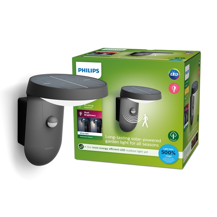 Соларна лампа Philips Tyla, Външна, Сензор за движение/светлина, 1.2W, 255 лумена, Топла светлина (3000K), IP44, 18.8x18.4x15.8 см, Антрацит