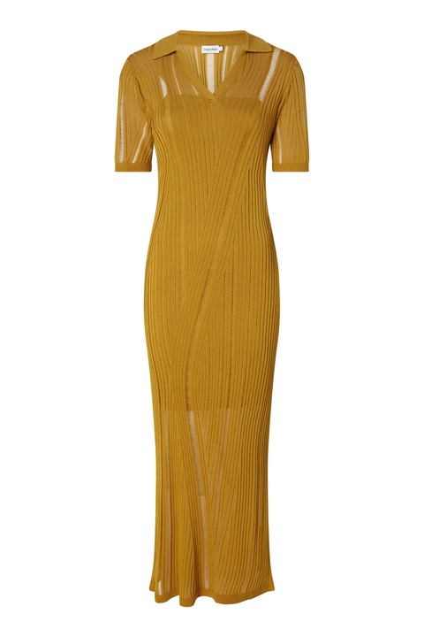 CALVIN KLEIN, Плетена рокля с модал и къси ръкави, Охра