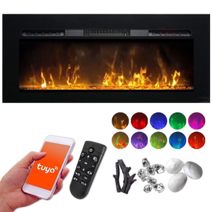 Semineu electric 3D ElectricSun PAULA GLASS negru mic L122xH45cm, cu sunet, pe perete, podea sau incorporabil, 10 culori, WiFi cu aplicatie mobila Tuya