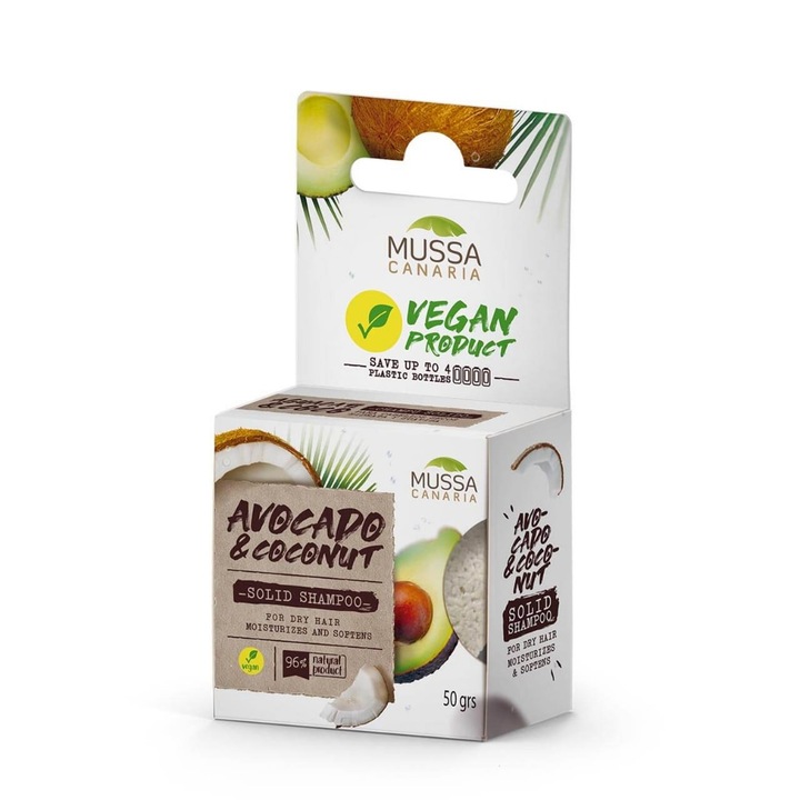 Sampon solid vegan, Mussa Canaria, Pentru par uscat, Cu avocado si nuca de cocos, Insulele Canare, 50 g