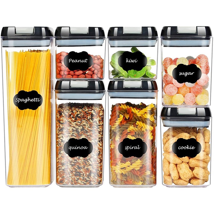 Set 7 recipiente ermetice pentru depozitare alimente, Hsem, Plastic, Transparent