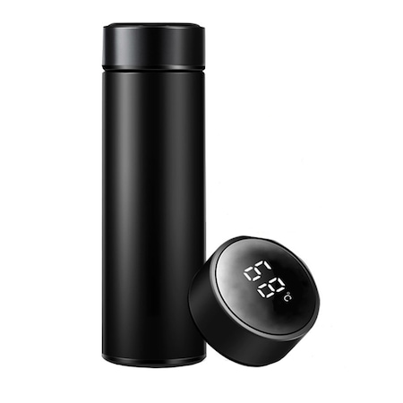 Termos Smart, Inox, Display LED, Afisare temperatura, 500 ml, 6.5×22.5 cm, Negru