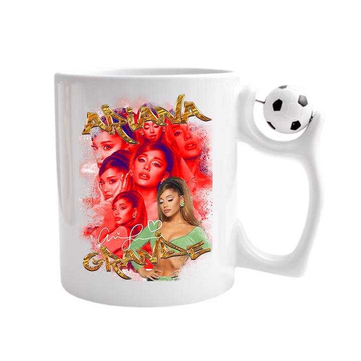 Cana personalizata cu imprimeu Pop Star - Ariana Grande, Ceramica, 330 ml, Maner minge fotbal