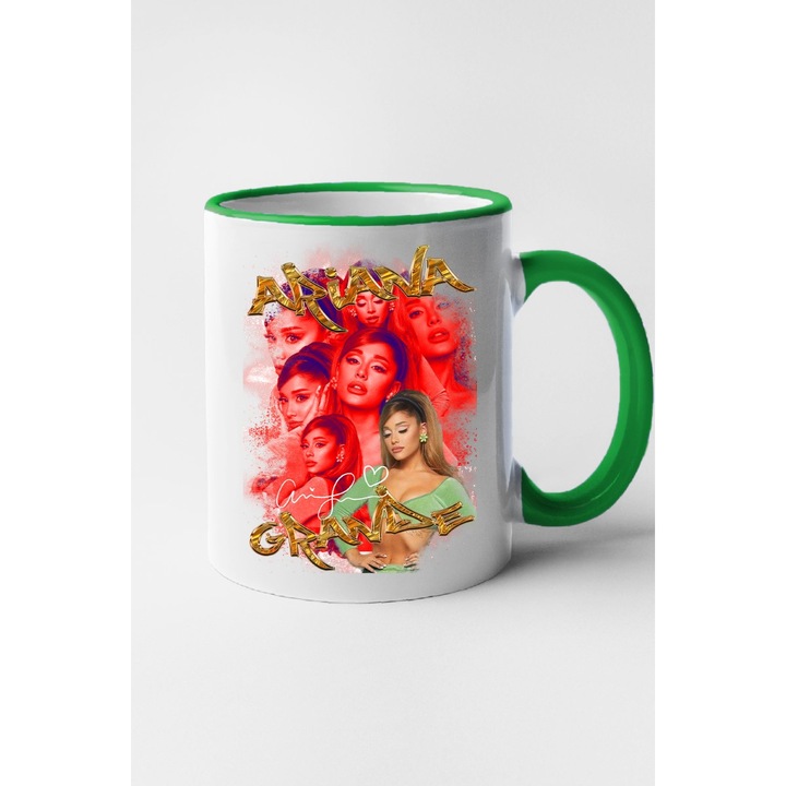 Cana personalizata cu imprimeu Pop Star - Ariana Grande, Ceramica, 330 ml, Maner si interior Verde