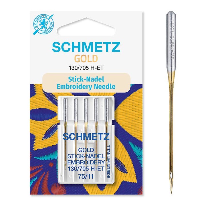 5db Gold Line Schmetz hímzőtű készlet, 75-ös tűfinomság, hímzőgéphez, tűrendszer 130/705 H