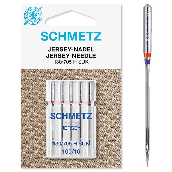 Комплект от 5 игли Schmetz за трикотаж, дебелина на иглата 100, за шевна машина, система на иглата 130/705 H