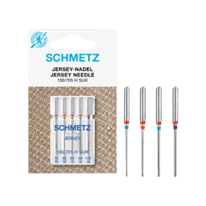 Set combinat 5 ace jersey Schmetz, finete ac 70-100, pentru masina de cusut, sistem ac 130/705 H
