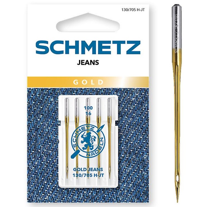 5 db Jeans Gold Line Schmetz tűszett, 100-as tűfinomság, 130/705 H tűrendszer