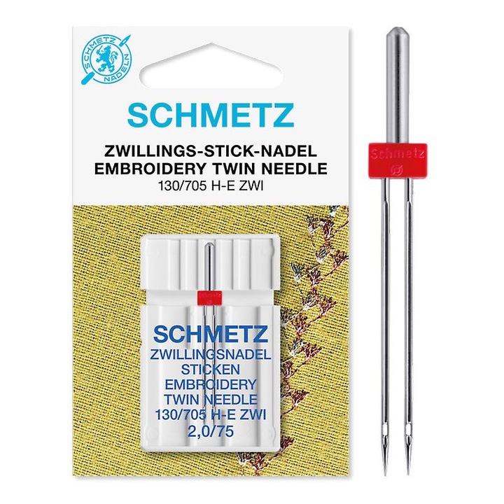Schmetz dupla hímzőtű, 75-ös tűméret, 2 mm-es tűk között, gépi hímzéshez
