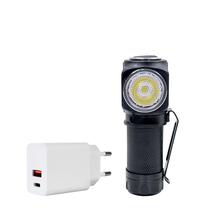 Челен фенер PNI Adventure F75 с LED 6W, 600 lm, Изработен от алуминий, с батерия и захранване PNI CHG300 с USB C порт, QC3.0, PD3.0, PPS и USB-A порт, 30W