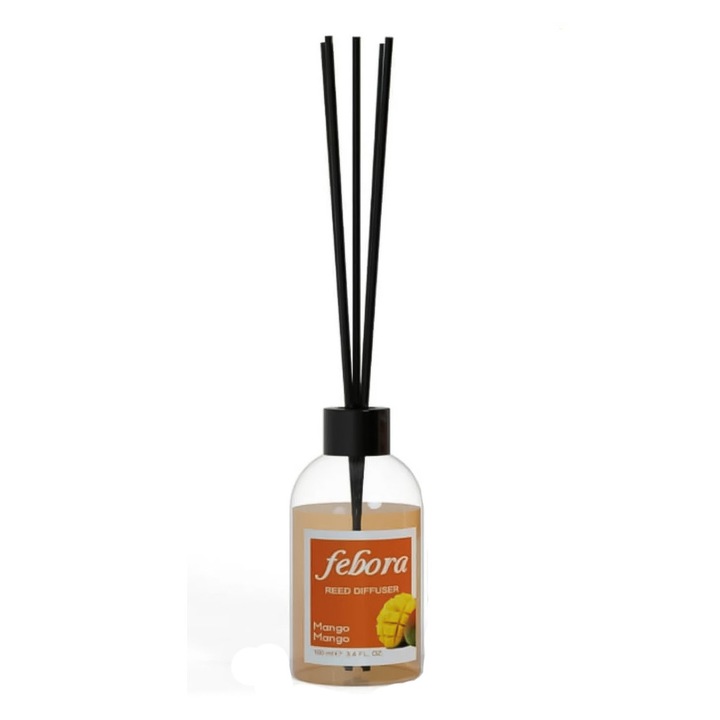 Febora Scent szobafrissítő, mangó ízű, 100 ml, átlátszó flakon, rattan rudak