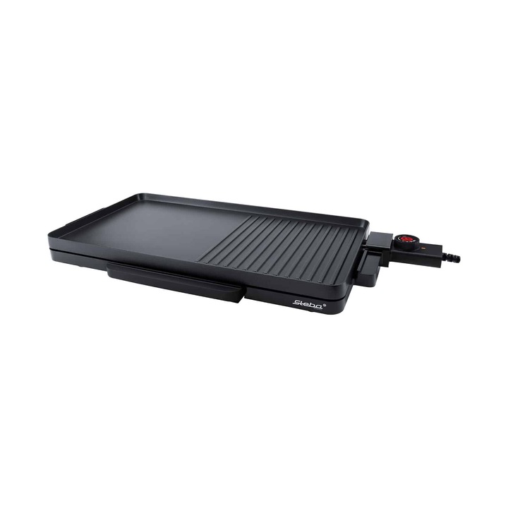 Plita electrica BBQ Steba Germany, suprafata gatire 48.5 x 26 cm, placa neteda si striata, termostat, mentinere la cald, gatire fara grasime, incalzire rapida, usor de curatat, negru