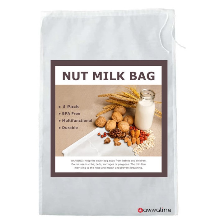 Set 3 pungi de strecurare lapte vegan din migdale si nuci, awwaline, Nylon, Reutilizabile, 30x45 cm