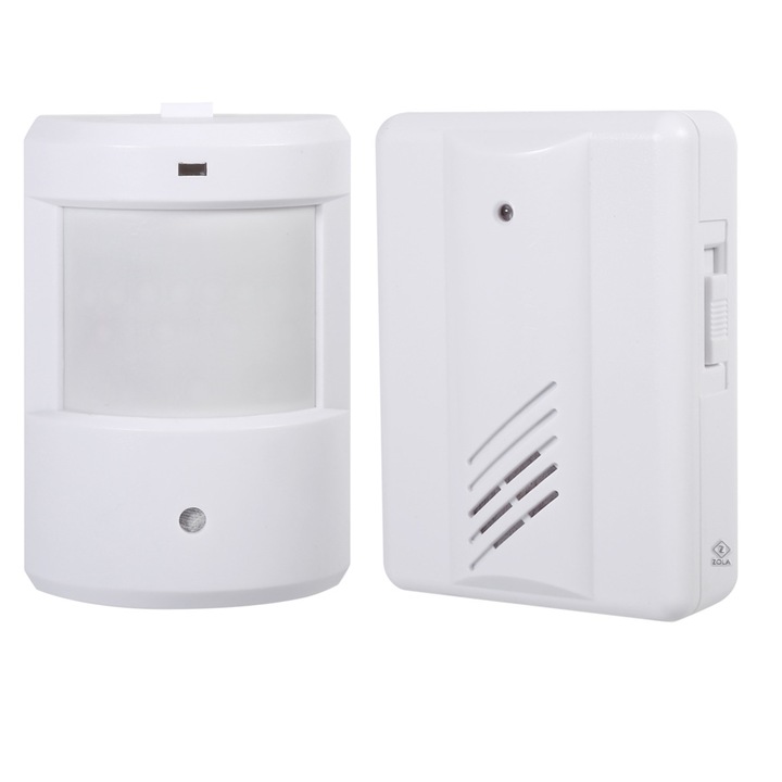 Alarma cu senzor de miscare, Zola®, wireless, receptor portabil, rqaza de actiune 3 M, alba