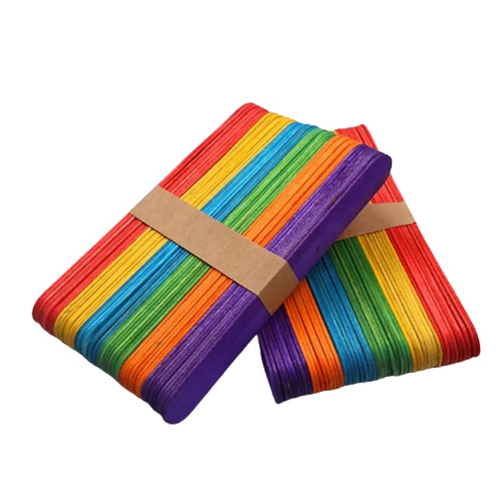 Set 100 de betisoare colorate din lemn Montessori pentru activitati art &craft 115x13 mm